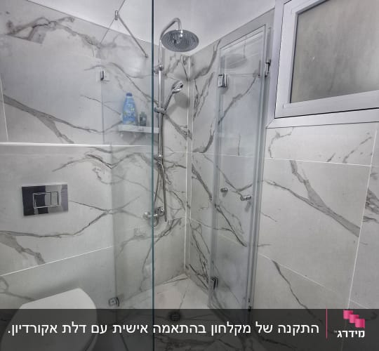 חדר אמבטיה עם מקלחון זכוכית ושירותים